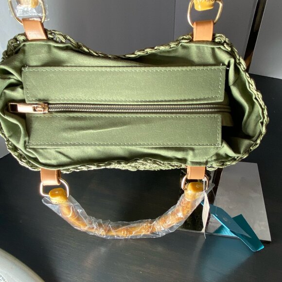 KISS SEA Woven Crochet Handbag Bamboo Handle Green NWT - Picture 6 of 9